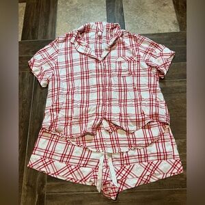 Victoria’s Secret two piece sleep set button down short set red white plaid XXL